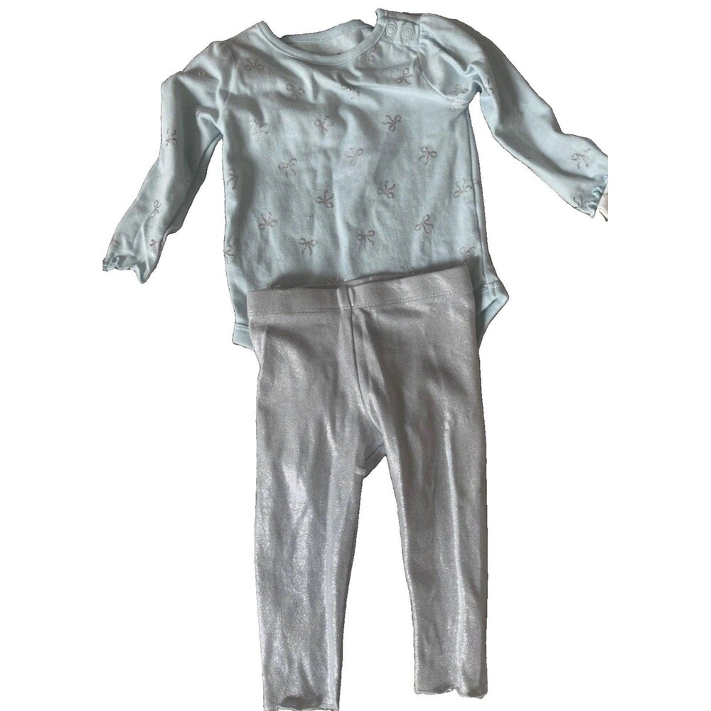 Geranimals Girls 2pc Pants Set 6-9M Blue Bow Long Sleeve Bodysuit Silver Pants